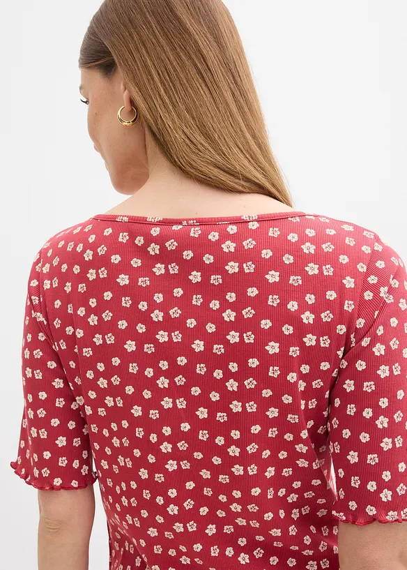 Ribbad topp med blomm&ouml;nster, halv &auml;rm, bonprix