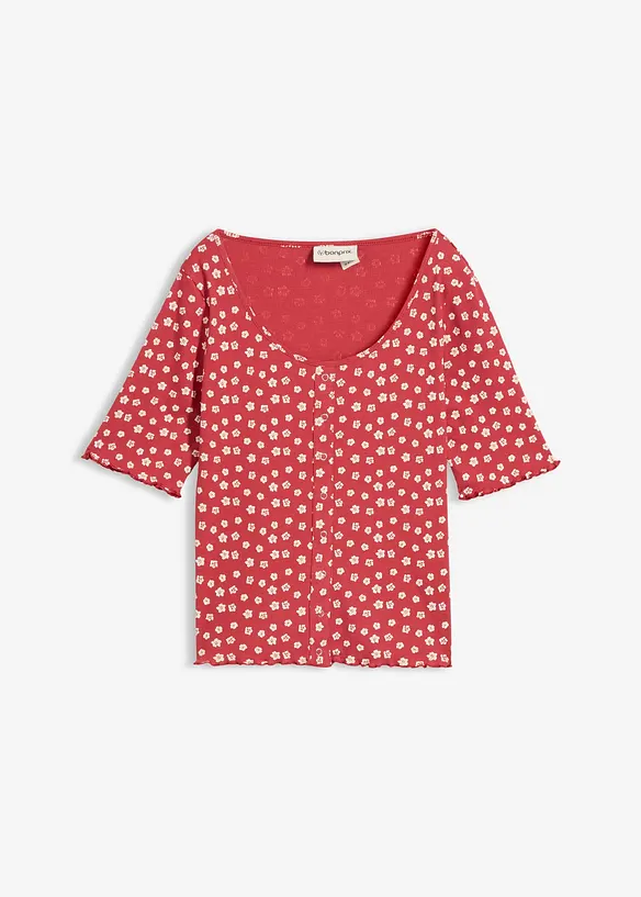 Ribbad topp med blomm&ouml;nster, halv &auml;rm, bonprix