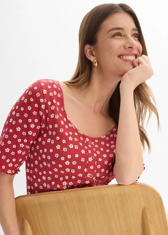 Ribbad topp med blomm&ouml;nster, halv &auml;rm, bonprix