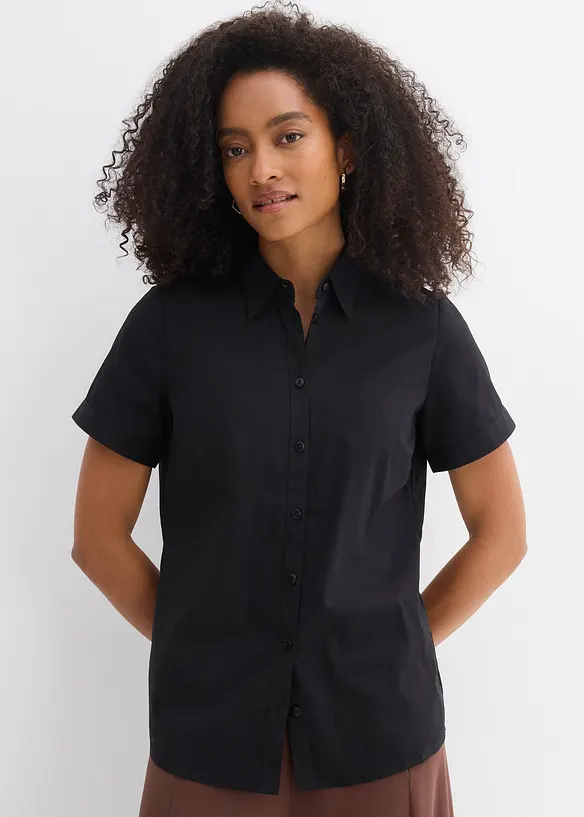 Stretchblus i bomullsmix, kort&auml;rmad, bonprix