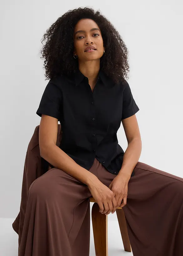 Stretchblus i bomullsmix, kort&auml;rmad, bonprix