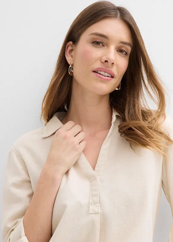 Blus med linne och 3/4-&auml;rmar, bonprix