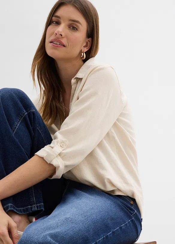 Blus med linne och 3/4-&auml;rmar, bonprix