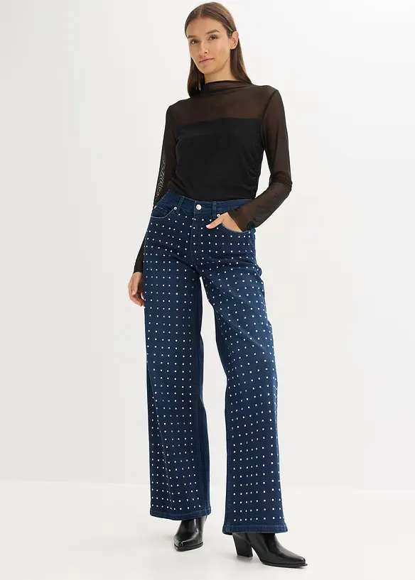 Wide Leg-jeans Mid Waist med strassapplikation, bonprix