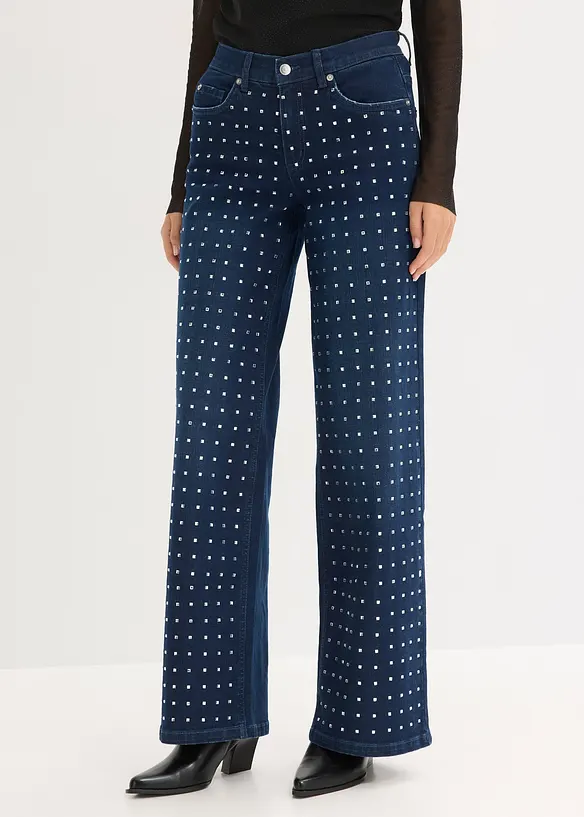 Wide Leg-jeans Mid Waist med strassapplikation, bonprix