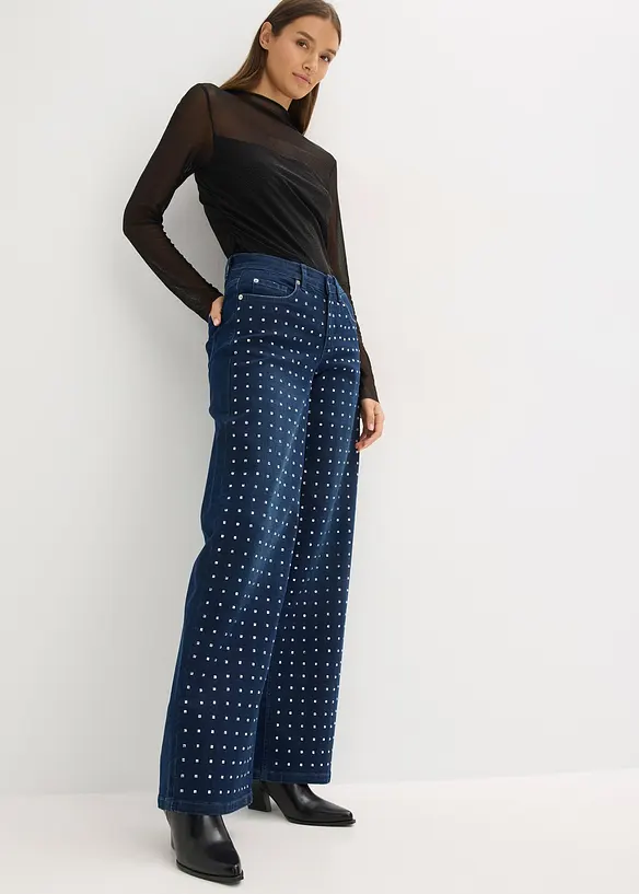 Wide Leg-jeans Mid Waist med strassapplikation, bonprix