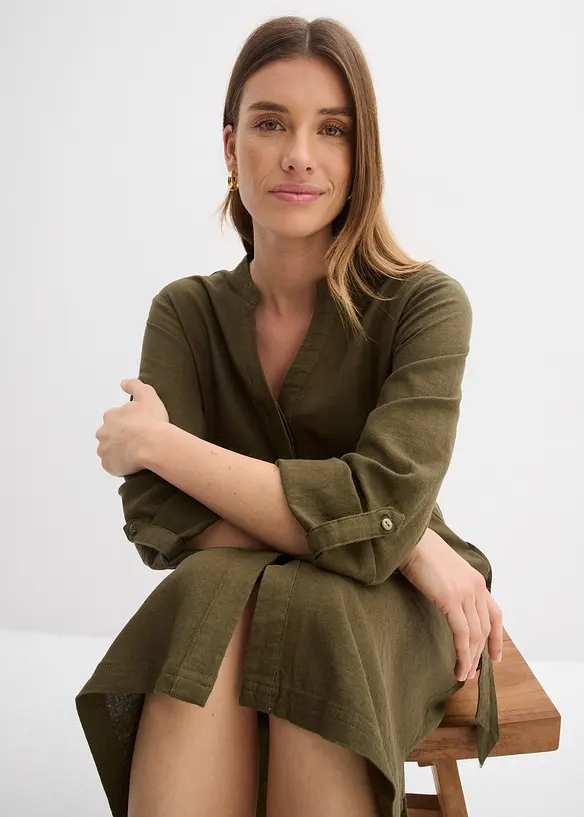 Kl&auml;nning med fickor i linne- och viskosmix, bonprix