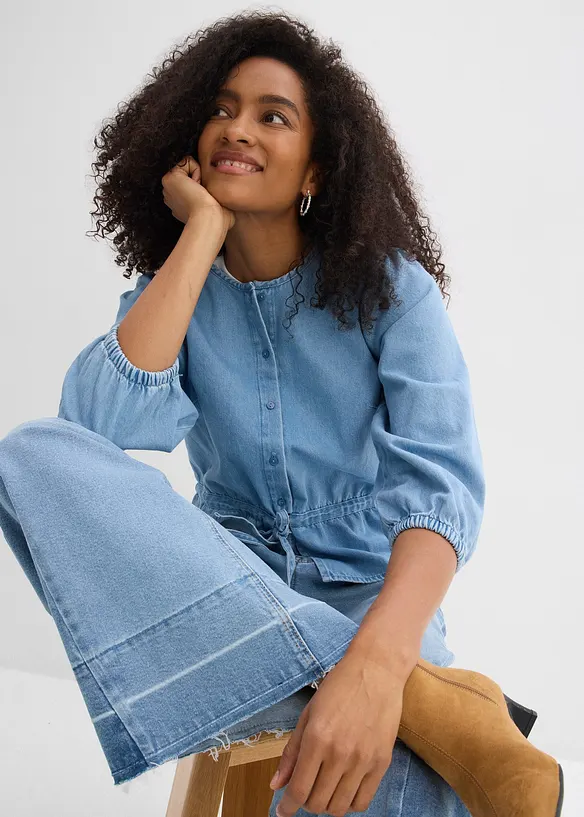 Jeansblus med puff&auml;rmar, bonprix