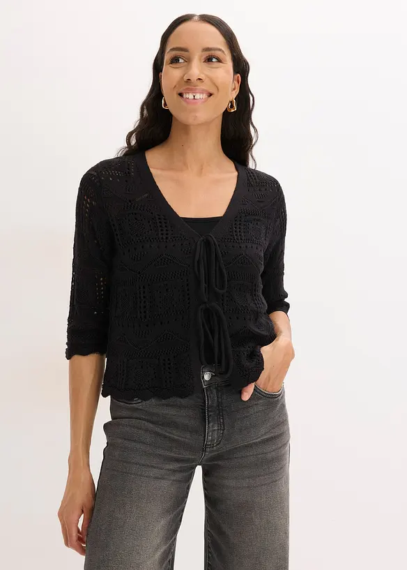 H&aring;lm&ouml;nstrad cardigan med knytband, bonprix