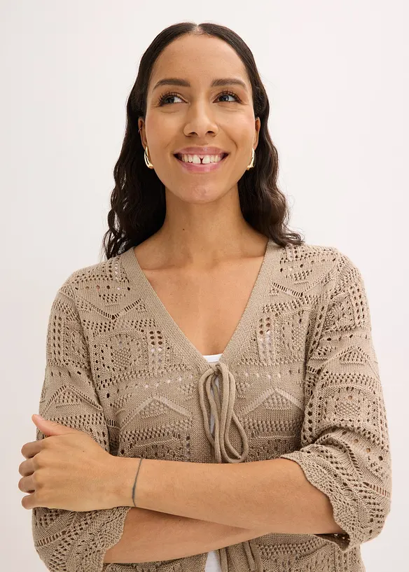 H&aring;lm&ouml;nstrad cardigan med knytband, bonprix