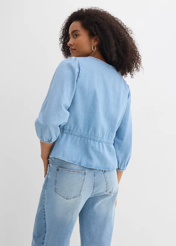 Jeansblus med puff&auml;rmar, bonprix