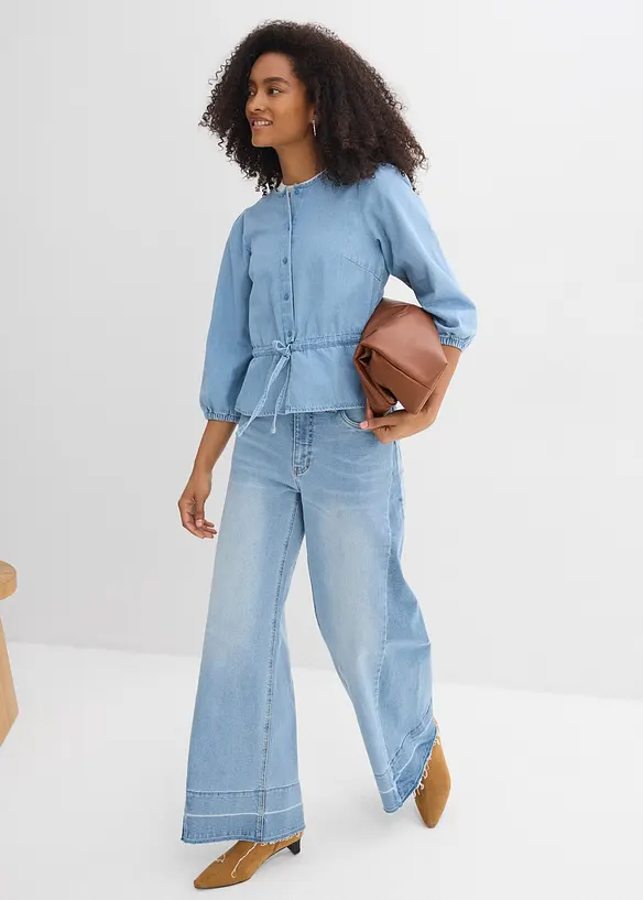 Jeansblus med puff&auml;rmar, bonprix