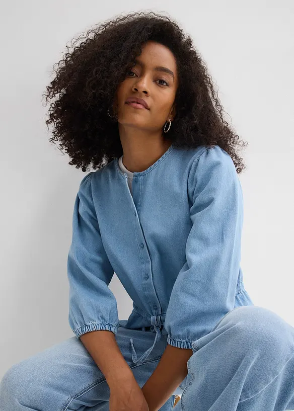 Jeansblus med puff&auml;rmar, bonprix