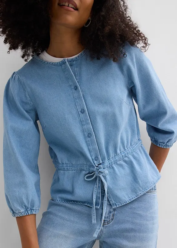 Jeansblus med puff&auml;rmar, bonprix