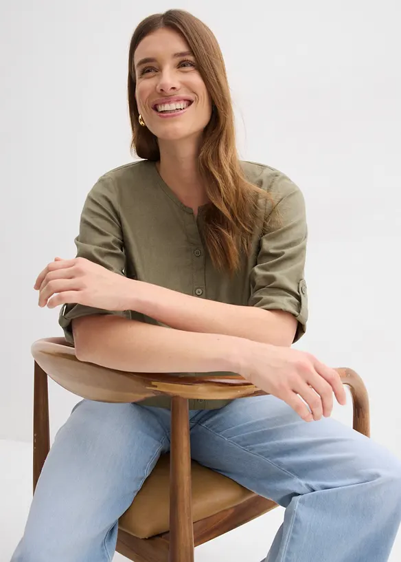 Blus i linneblandning med 3/4-&auml;rm, bonprix