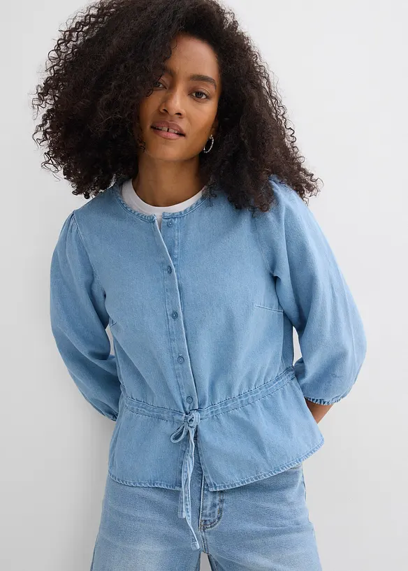 Jeansblus med puff&auml;rmar, bonprix