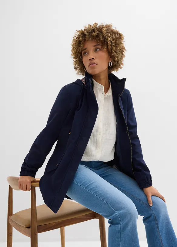 Bomullsparkas med m&ouml;nstrad huva, bonprix