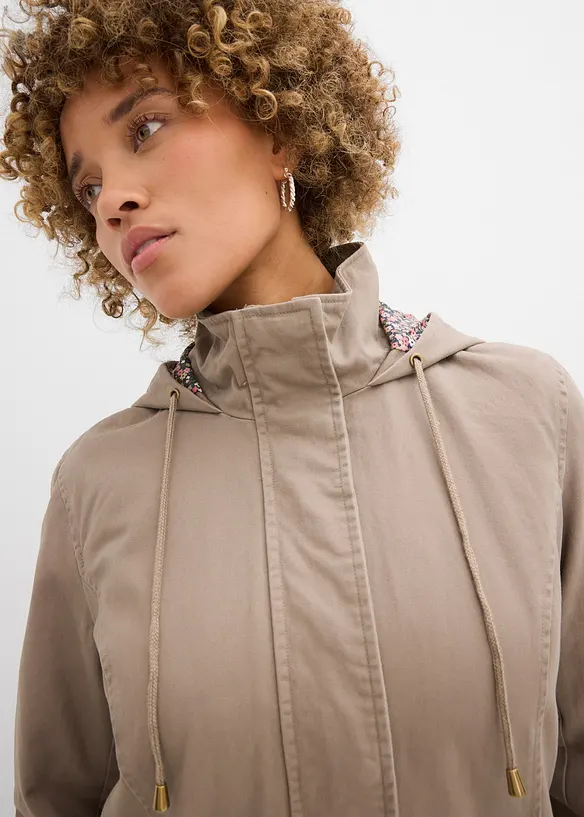 Bomullsparkas med m&ouml;nstrad huva, bonprix