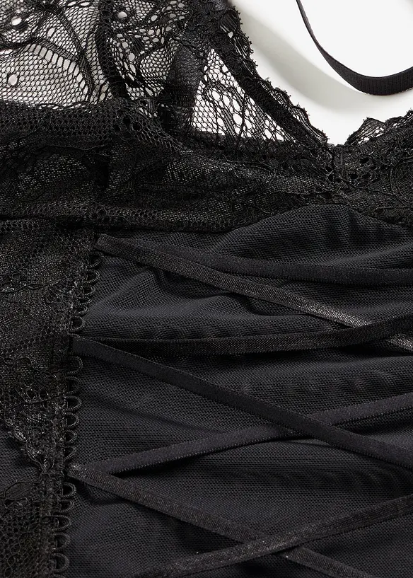 Topp med strumpehandsh&aring;llare och stringtrosa (2 delar), bonprix