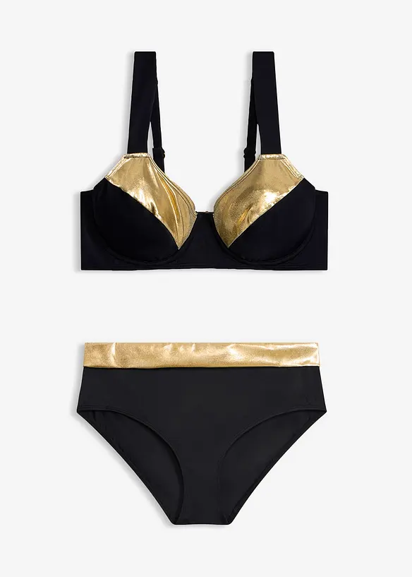 Minimizer-bikini med guldf&auml;rgade inf&auml;llningar (2 delar), bonprix