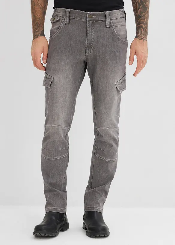 Tunna cargojeans i Regular Fit med res&aring;rlinning, Straight, bonprix
