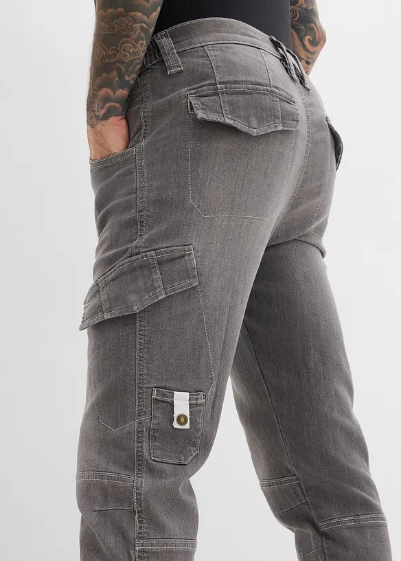 Tunna cargojeans i Regular Fit med res&aring;rlinning, Straight, bonprix