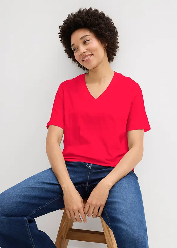 Vid l&aring;ng topp med V-ringning (5-pack), kort&auml;rmad, bonprix