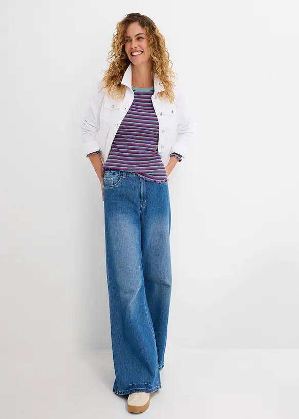 Randig ribbstickad topp i ekologisk bomull, bonprix