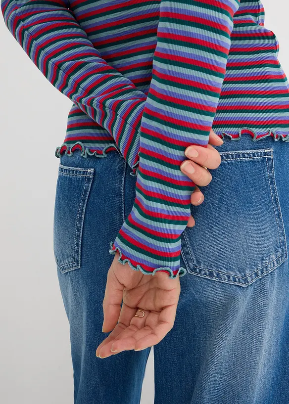 Randig ribbstickad topp i ekologisk bomull, bonprix