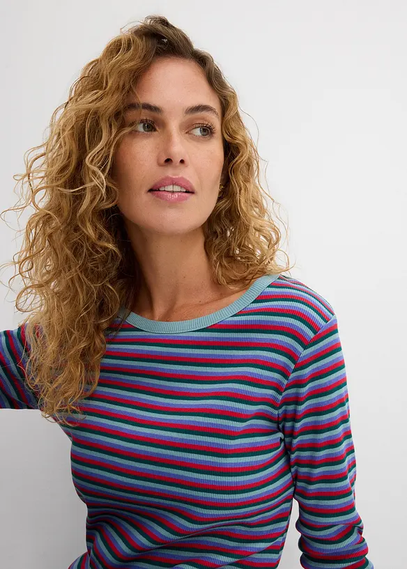 Randig ribbstickad topp i ekologisk bomull, bonprix