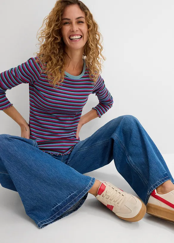 Randig ribbstickad topp i ekologisk bomull, bonprix