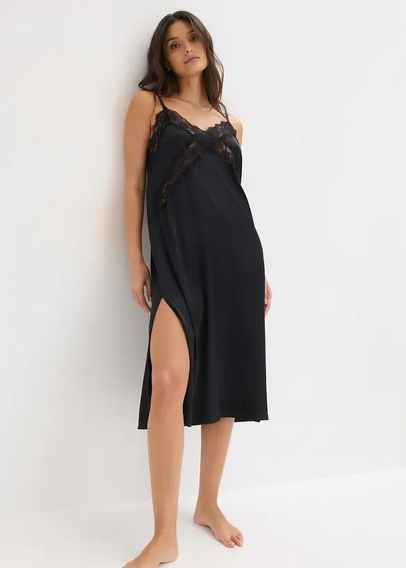Neglig&eacute; i satin med skir spets, bonprix
