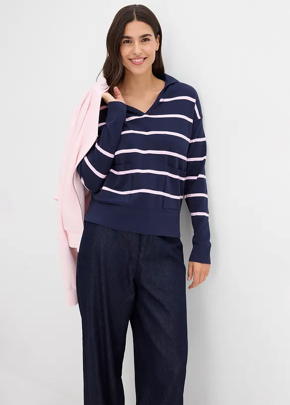 Finstickad tr&ouml;ja med tenniskrage, bonprix