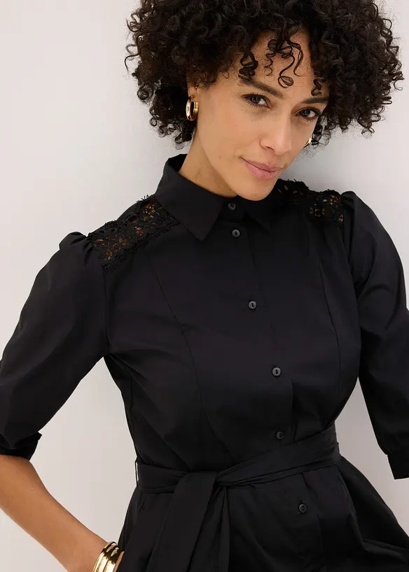 Skjortkl&auml;nning med spets och knytband, bonprix