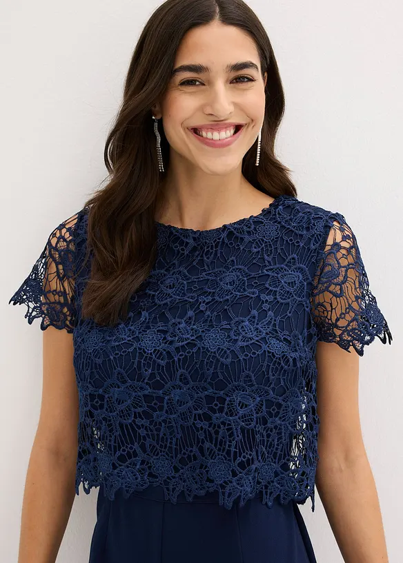 Jumpsuit av stabil trik&aring; med spets, bonprix