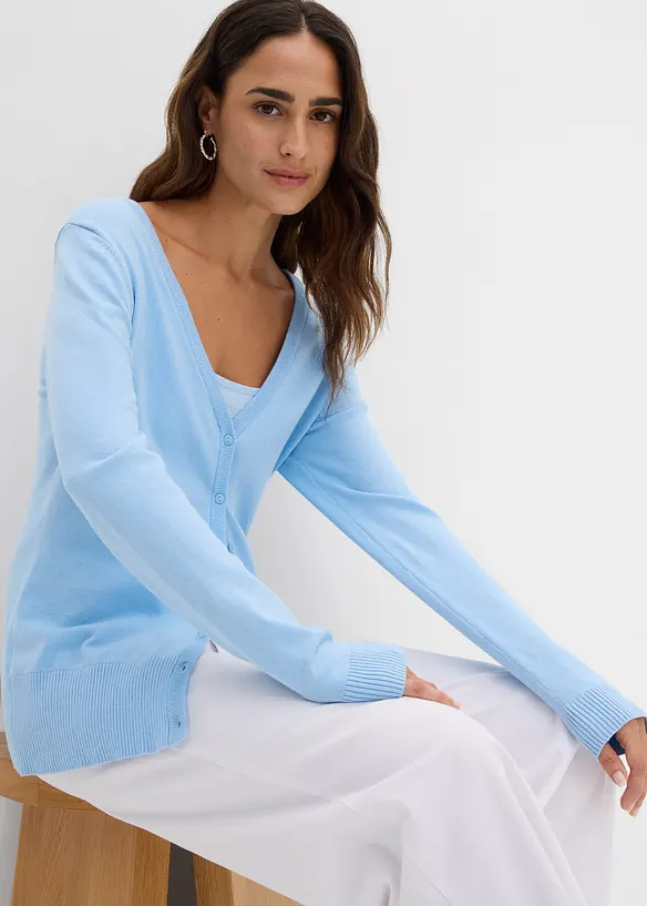 Finstickad cardigan med knappsl&aring;, bonprix