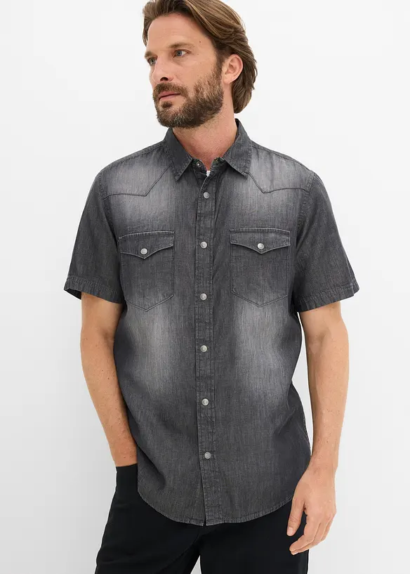 Kort&auml;rmad jeansskjorta i ekologisk bomull, smal passform, bonprix
