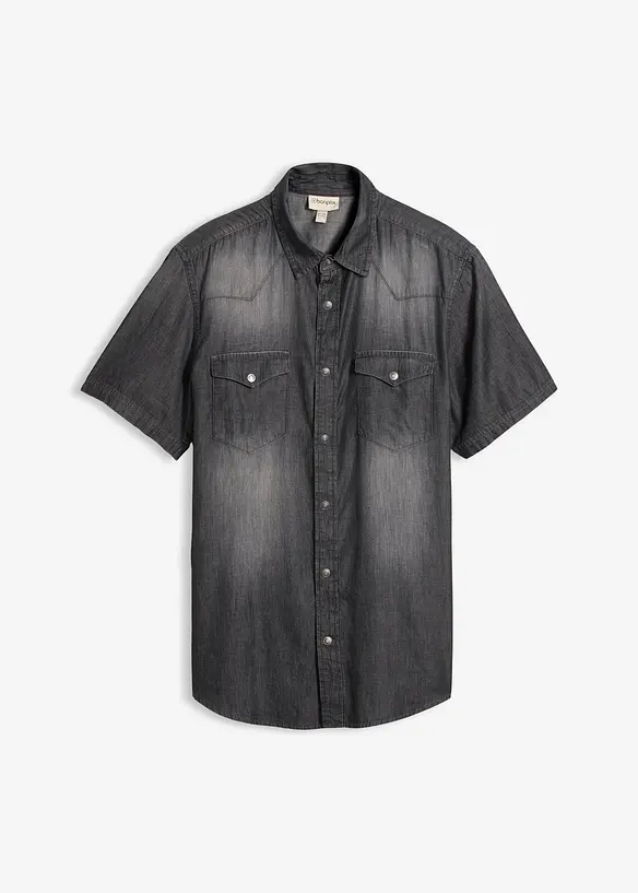 Kort&auml;rmad jeansskjorta i ekologisk bomull, smal passform, bonprix