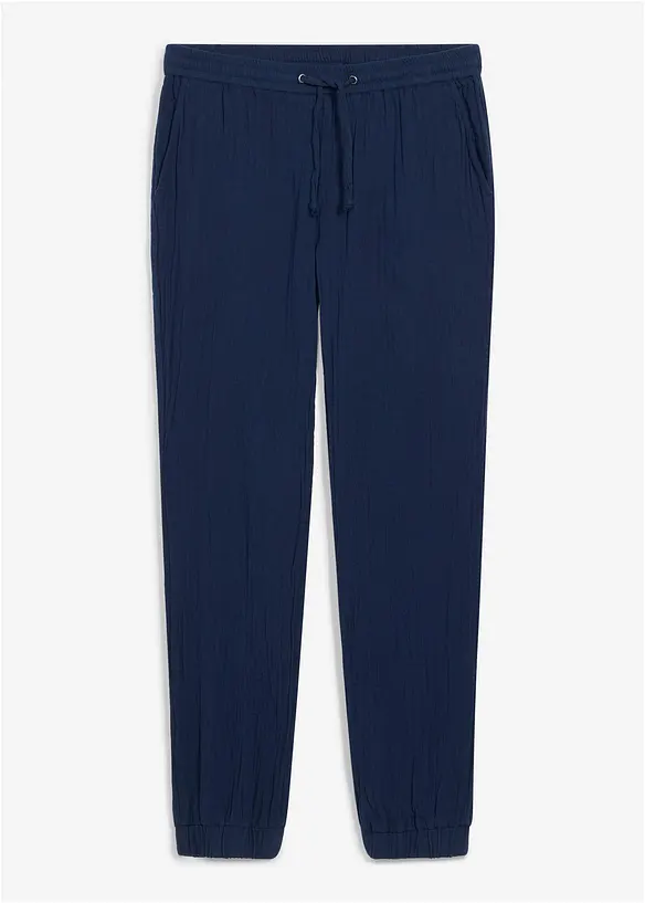 Dra p&aring;-byxa i bomullsmuslin, normal passform, avsmalnande ben, bonprix