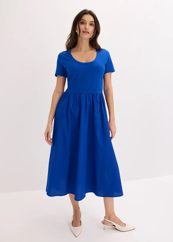 Jerseykl&auml;nning med korta &auml;rmar och fickor, materialmix, bonprix