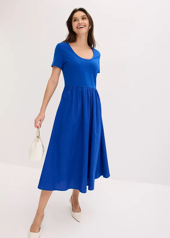 Jerseykl&auml;nning med korta &auml;rmar och fickor, materialmix, bonprix