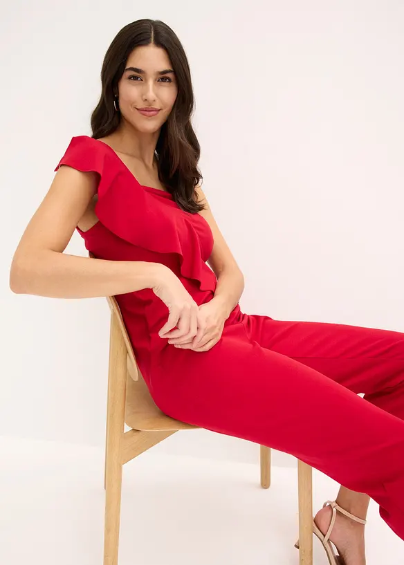 Jumpsuit i one shoulder-modell av kr&auml;pp med struktur, bonprix