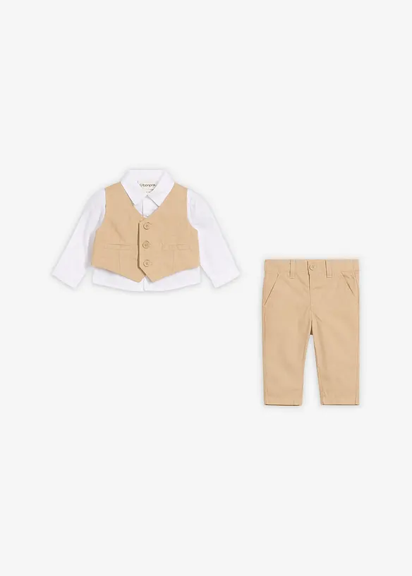 Skjorta + v&auml;st + byxa av bomull (3 delar), bonprix