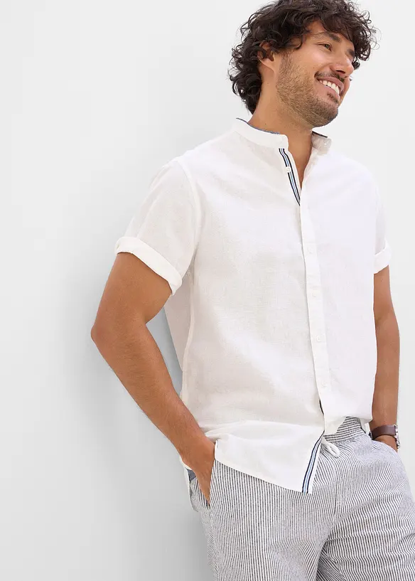 Kort&auml;rmad linneskjorta med st&aring;krage, bonprix