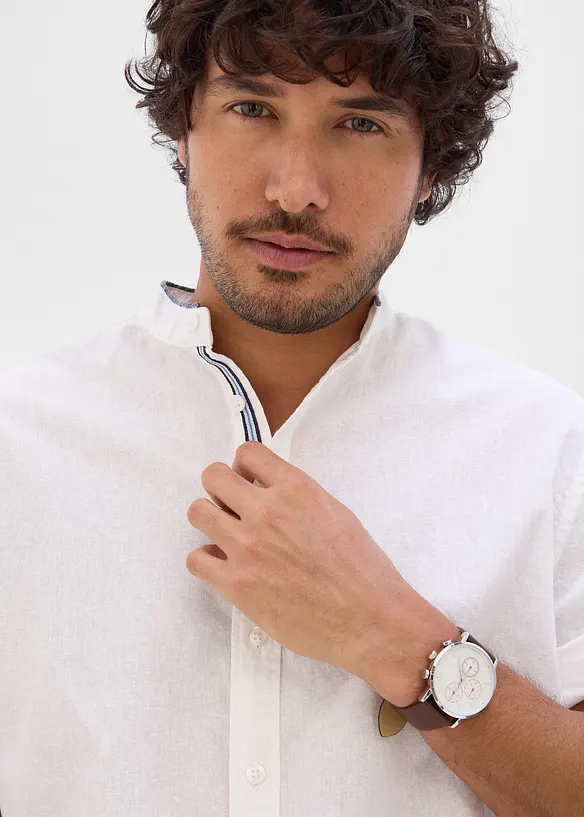 Kort&auml;rmad linneskjorta med st&aring;krage, bonprix