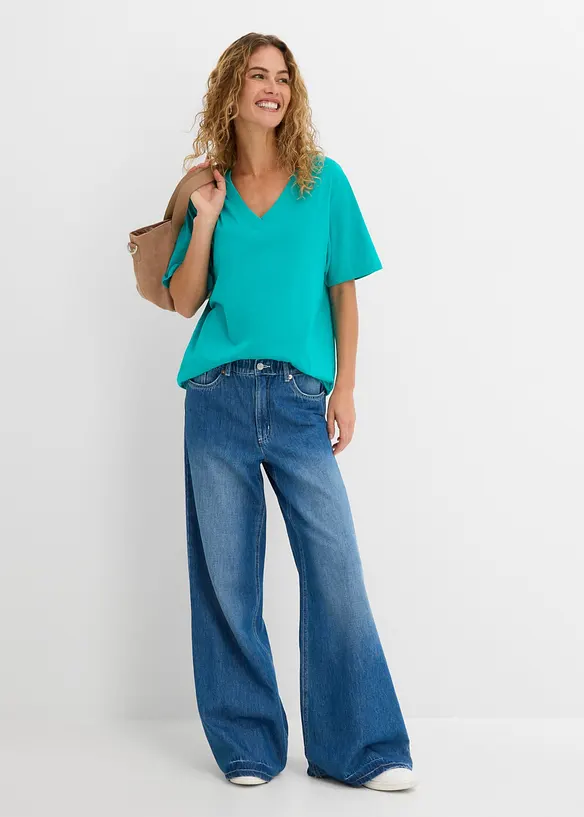 Vid l&aring;ng topp med V-ringning (5-pack), kort&auml;rmad, bonprix