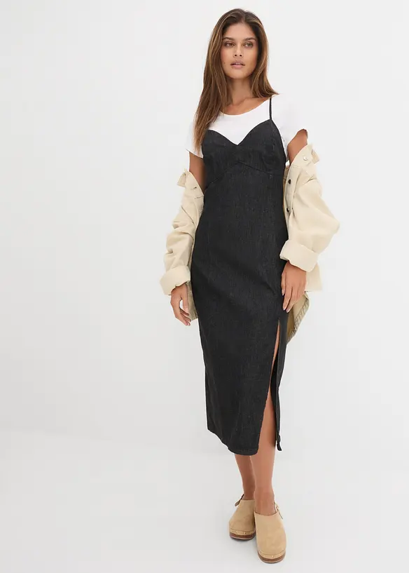 Jeanskl&auml;nning med slits, bonprix