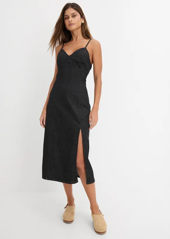 Jeanskl&auml;nning med slits, bonprix