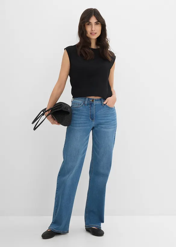 Wide Leg Jeans Mid Waist, med bekv&auml;m midja, bonprix