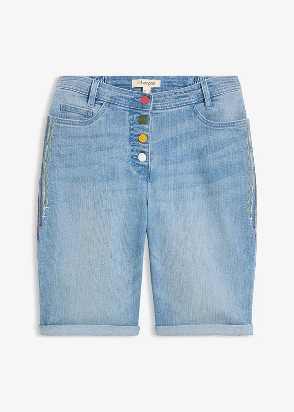 Jeansbermudas Mid Waist med broderi och bekv&auml;m midja, bonprix